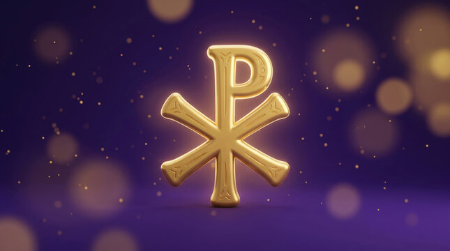Golden Chi Rho Christian Monogram 3D Symbol on Purple Background with Glowing Bokeh