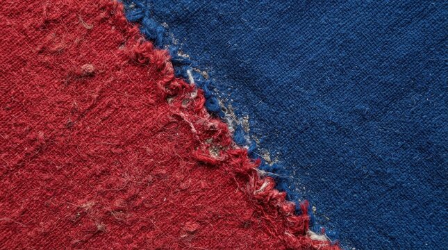 Close-up of frayed red and blue fabric texture