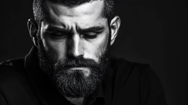 Intense Close-up of a Man with a Beard and Serious Expression in Black and White
