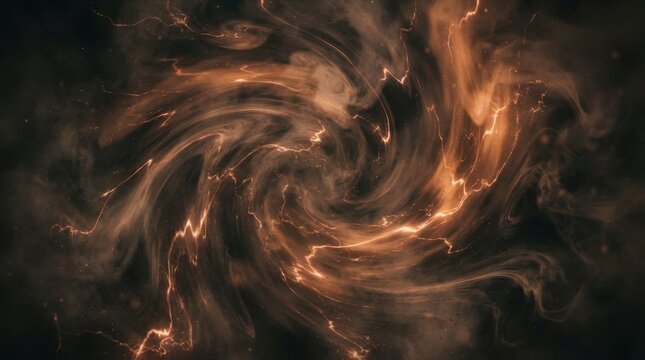 Abstract swirling energy vortex with glowing orange lightning in cosmic dark space