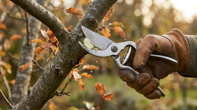 Hand holding pruning shears cutting tree branches in autumn  
