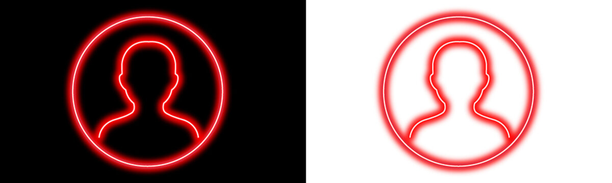 Neon red user profile icon set on black and transparent background