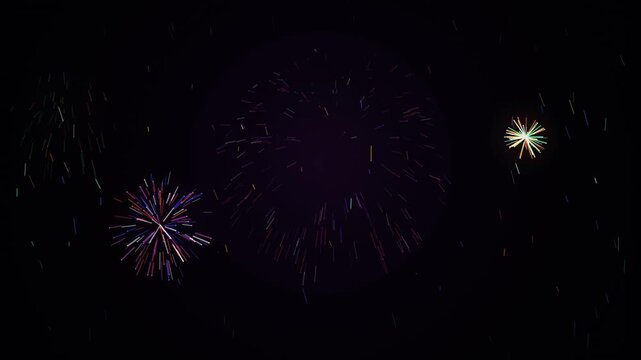 Colorful fireworks exploding across the dark night sky in digital video animation footage for festive celebration events and holiday party backgrounds