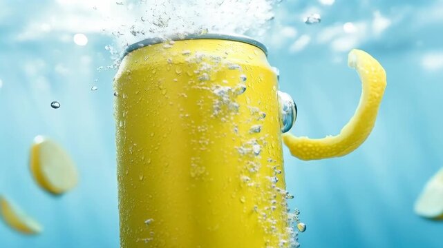 Yellow Lemon Soda Can Submerged in Bubbling Water