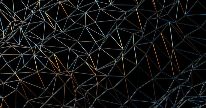 3D Wireframe Polygon Grid Plane Mesh, Abstract Cybernetic Geometric Network Texture, Modern Metallic Wire Structural Pattern 3D Render &ndash; Full-frame top-down perspective of an interconnected triangular