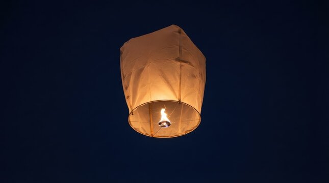 Sky lantern floating in the night sky with a burning flame