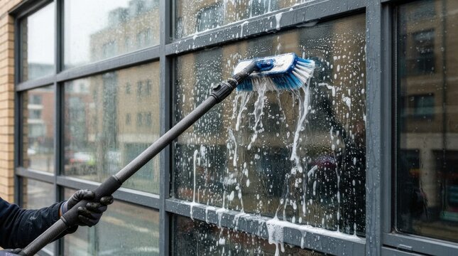 Window cleaner washing building exterior glass with soapy brush