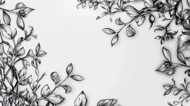 Monochrome Botanical Frame with Hand-Drawn Floral Border and Copy Space