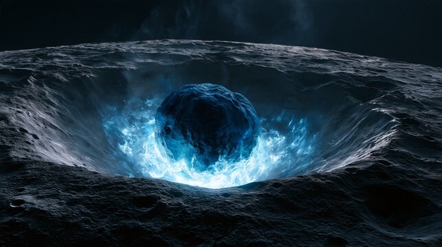 glowing blue stone surrounded by a dark lunar crater