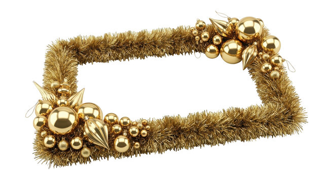 Rectangular christmas frame made of golden tinsel decorated with shiny gold baubles isolated on transparent background