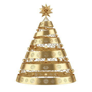 Modern minimalist golden christmas tree sculpture made of spiral ribbons with snowflake cutouts and geometric ornaments isolated on transparent background