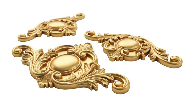 Set of three ornate golden decorative elements with intricate filigree patterns isolated on transparent background