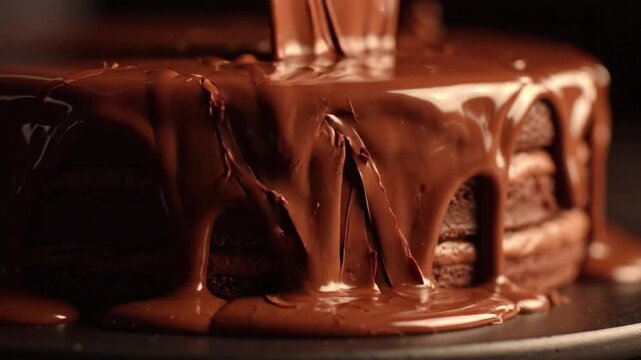 Luscious molten chocolate slowly cascading over rich decadent sponge cake layers creating smooth glossy streams of warm gourmet dessert goodness in high definition macro motion video footage clip