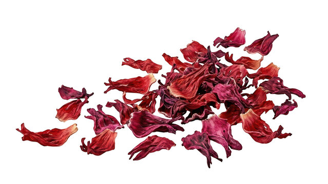 Dried red hibiscus flower petals scattered on a surface isolated on transparent background