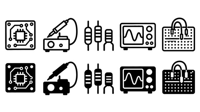 Electronics paired outline and solid icon set featuring electronics, circuit, solder, oscilloscope, breadboard, components, technology, engineering, hardware and testing symbols