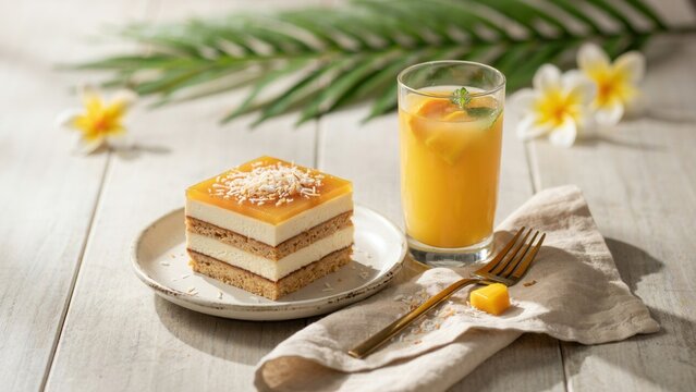 Delicious tropical mango coconut layered cake slice served with refreshing fruit juice beverage on bright wooden table