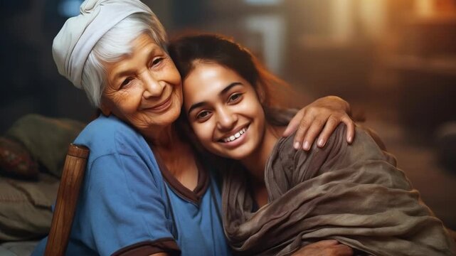 Smiling Grandmother and Granddaughter Sharing a Warm Embrace