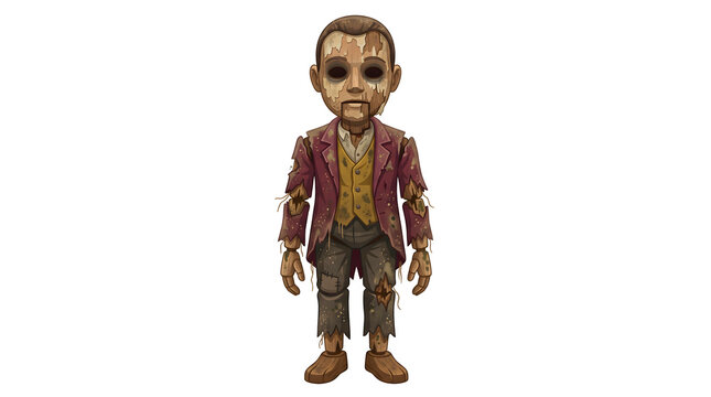Creepy wooden dummy character with cracked head and hollow black eyes wearing tattered suit perfect for ventriloquist puppet horror designs.