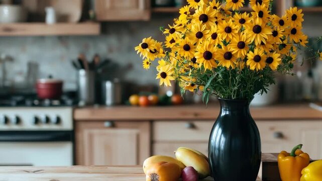Yellow Rudbeckia Flowers in a Black Vase on a Kitchen Counter