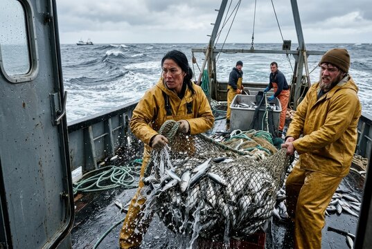 Commercial fishing crew hauling catch on a rough sea trawler