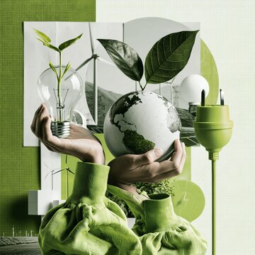 Trendy halftone collage. Green energy solutions. Hands holding globe, light bulb with sprout, green power plug.Zero waste lifestyle concept with sustainability elements.
