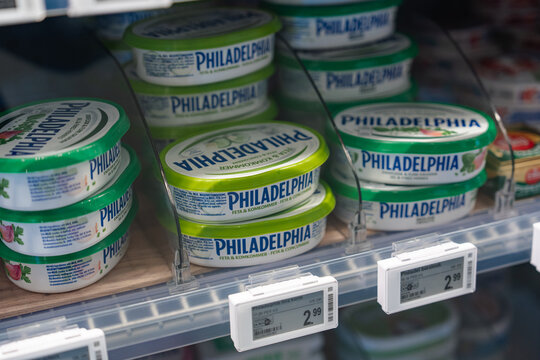 September 26, 2026, Amsterdam, Netherlands - Philadelphia cream cheese tubs on display at an Albert Heijn XL supermarket