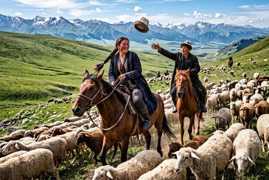 Sheep herd on mountain pasture with horseback herders and alpine range