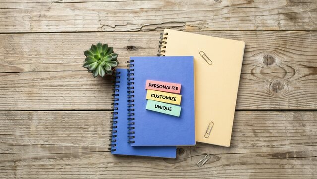 Spiral notebooks with personalize customize and unique sticky notes placed neatly upon rustic wooden tabletop surface background