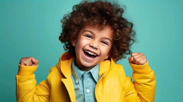 Joyful child with curly hair laughing and celebrating with fists raised