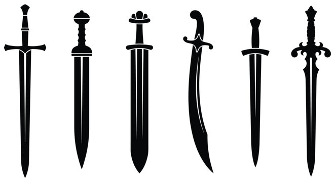 Medieval sword weapon blade dagger scimitar knight vector silhouette set illustration