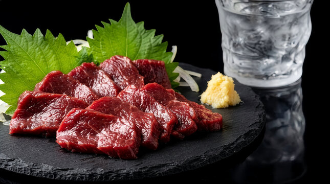 黒いスレート皿に盛られた新鮮な赤身の馬刺しと焼酎のロック