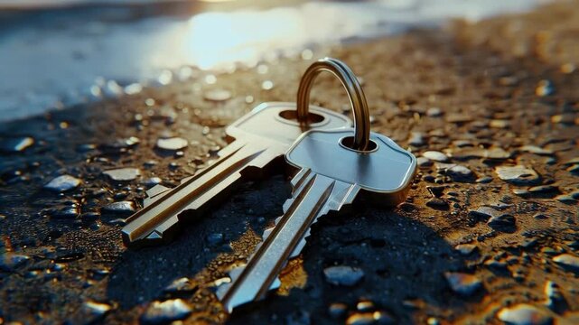 Close-up of metal keys on wet ground with golden lighting