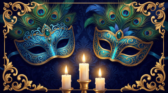 A pair of ornate blue Venetian masquerade masks decorated with peacock feathers and gold trim, set against a dark damask background with glowing candles.