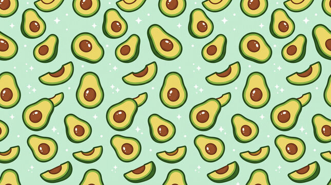 Seamless pattern with cute cartoon avocados on a light green background, vibrant food illustration for textile or wallpaper design