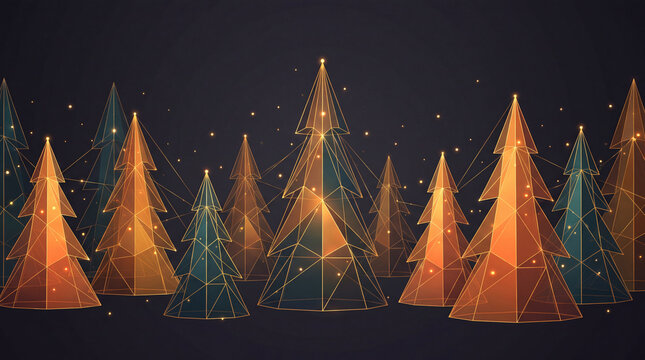 A digital illustration of a forest of abstract, low-poly geometric Christmas trees glowing with warm golden lights against a dark, elegant background.