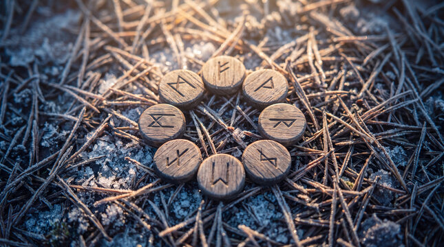 Circular arrangement of ancient wooden runes lying on a cold, frost-covered forest floor, evoking a sense of Norse mythology, magic, and winter divination.