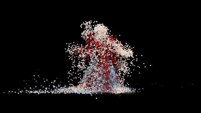 A dancing person with particles falling away from the body while dancing to