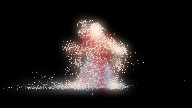 A dancing person with particles falling away from the body while dancing to