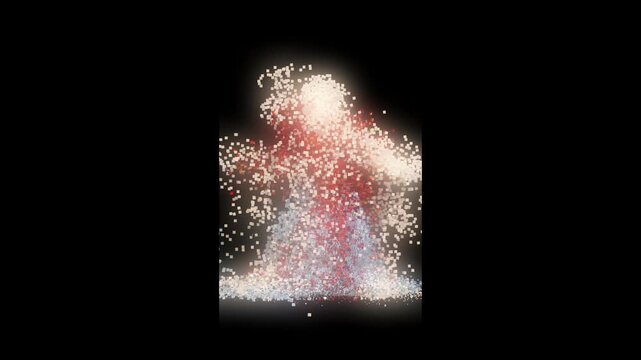 A dancing person with particles falling away from the body while dancing to