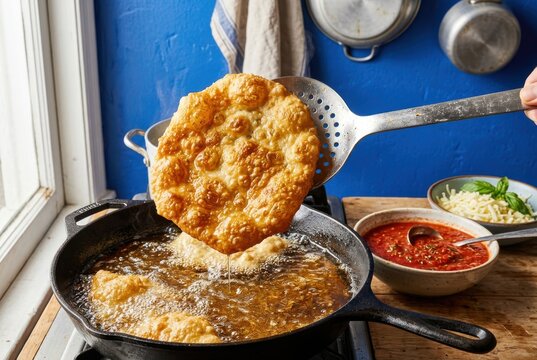 Golden fritter in skillet with tomato sauce and cheese