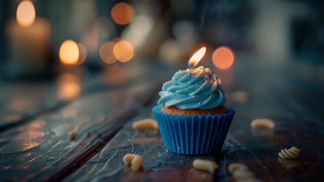 Close-up of a blue frosted cupcake with a lit candle on a rustic wooden table with bokeh lights