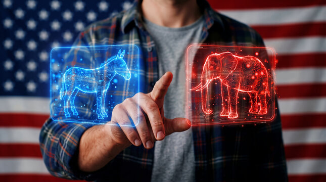 American Voter Choosing Between Holographic Political Symbols