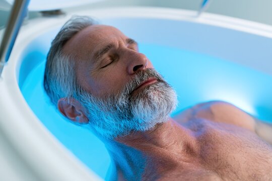 Relaxation therapy of silver-stubble man floating in blue-lit isolation tank at spa