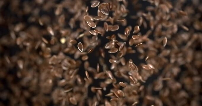 Flax seeds falling in slow motion 1000 fps on black background