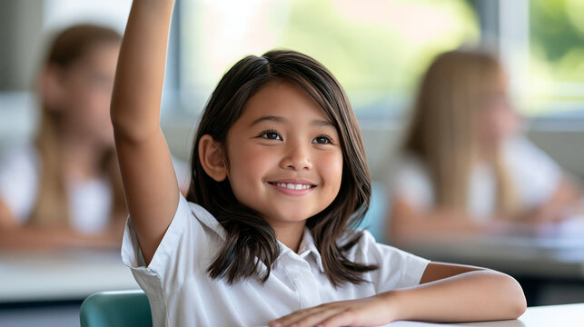 Happy Asian schoolgirl enthusiastically raising her hand in a sunlit classroom, eager learner, student participation, elementary education, academic curiosity, positive school