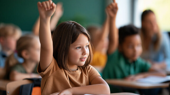 Diverse children raising their hands while asking questions in class, female teacher encouraging participation, learning, knowledge, curiosity, child development, school