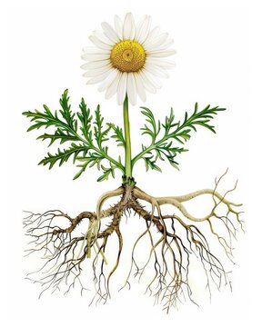 Detailed botanical illustration of whole chamomile plant with white daisy like flower, yellow center, feathery green leaves and branching root system on clean white background