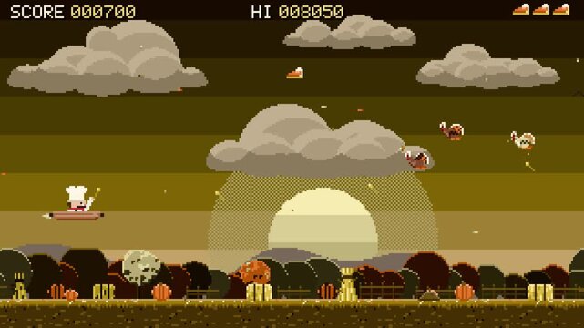 Retro pixel art Thanksgiving video game, chef shooting turkeys over autumn farmland