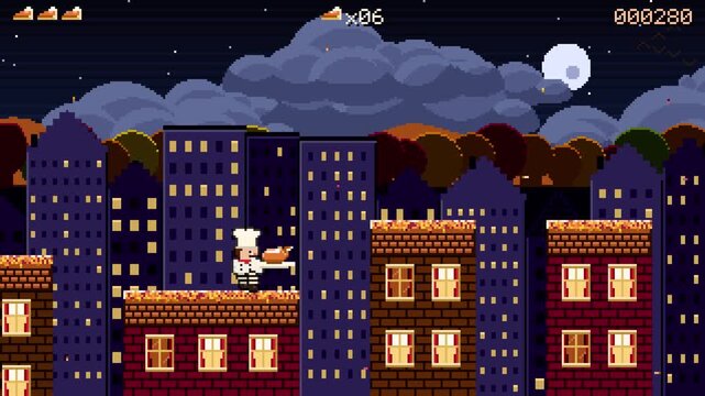 Retro arcade game, thanksgiving pixel art, chef delivering roasted turkey on city rooftops at sunset