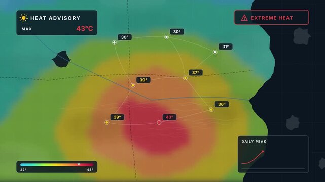 Heatwave Temperature Map Visualization, Heat Advisory Notification, Weather Forecast Animation, Interactive Climate Map, Temperature Data Display, Meteorological Graphics, Geospatial Weather Analysis